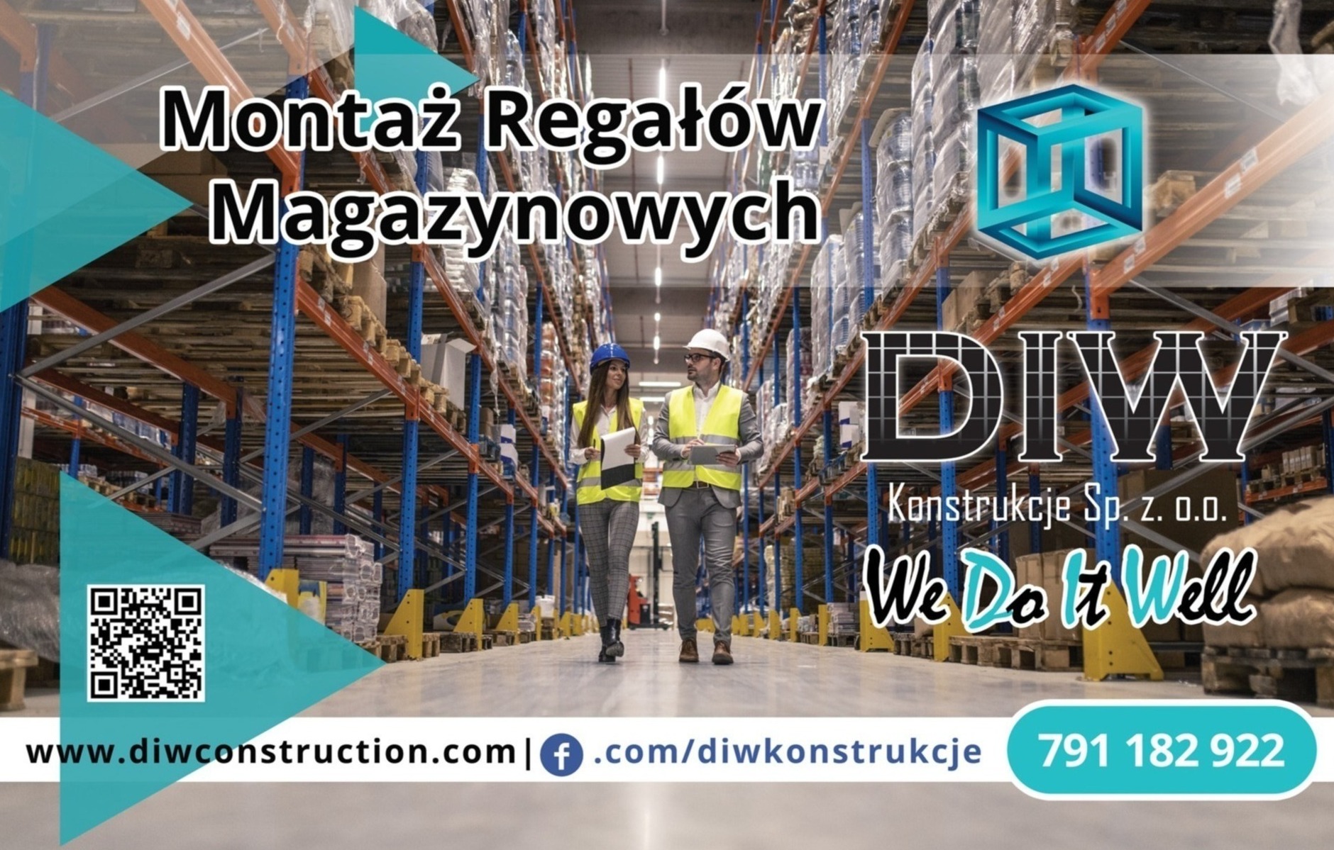 Grafika reklamowa firmy DIW Konstrukcje Sp. z o.o. prezentująca montaż w magazynie, z pracownikami w kaskach i kamizelkach odblaskowych na tle wysokich, wypełnionych regałów.