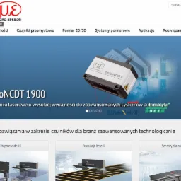 Strona internetowa firmy Micro-Epsilon prezentująca czujnik laserowy optoNCDT 1900 do systemów automatyki, z logo firmy w lewym górnym rogu i nawigacją u góry.
