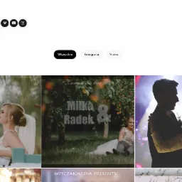 Zdjęcia z portfolio firmy WM Studio: para młoda w objęciach, kadr z filmu ślubnego z parą siedzącą na trawie pod drzewem owocowym oraz sylwetki pary tańczącej w ciemnym pomieszczeniu