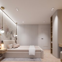 MG Studio Projektowania Wnętrz - Jasna sypialnia z łóżkiem, tapetą w kwiaty i toaletką. Subtelne oświetlenie punktowe i wiszące lampy. Parkiet w jodełkę i minimalistyczny design.