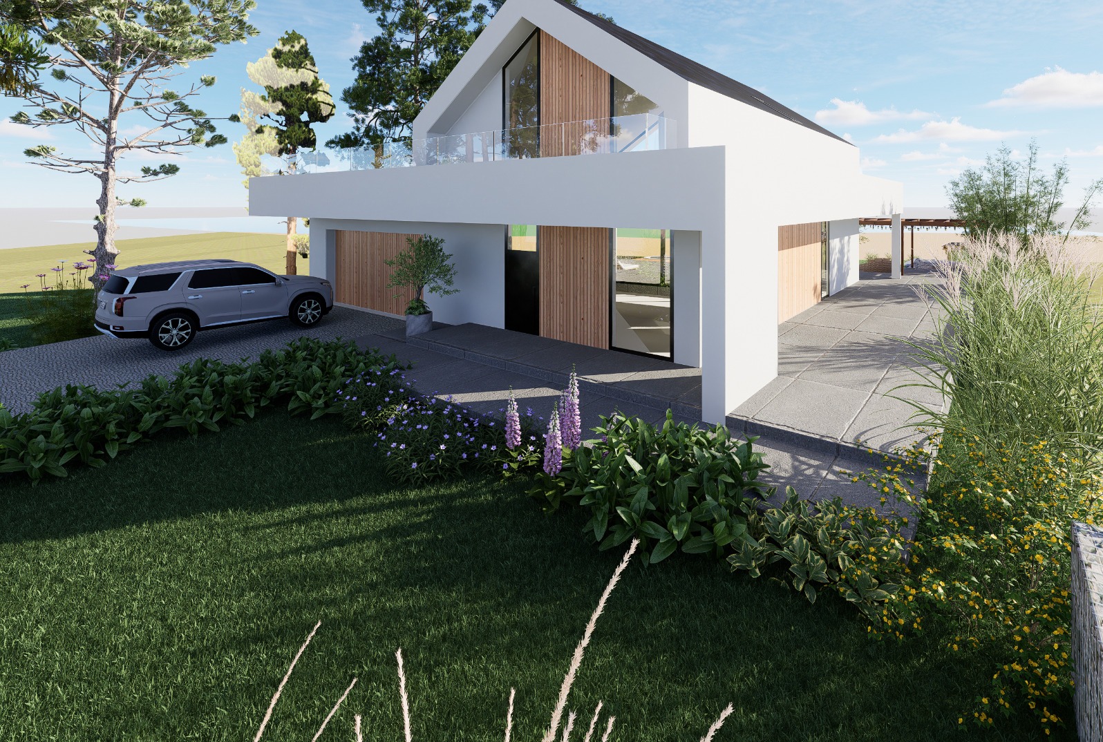 Wizualizacja nowoczesnego domu jednorodzinnego z płaskim dachem, drewnianą elewacją i dużymi przeszkleniami, z szarym SUV-em zaparkowanym na podjeździe wyłożonym kostką brukową, otoczona zielonym...