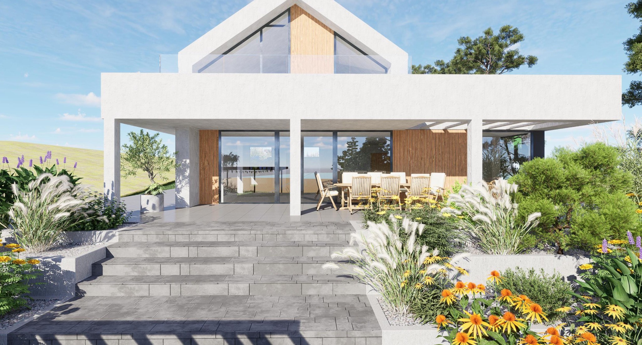 Wizualizacja nowoczesnego domu z płaskim dachem i drewnianą elewacją, widok na taras z meblami ogrodowymi, schody wejściowe i bujną roślinność w ogrodzie.