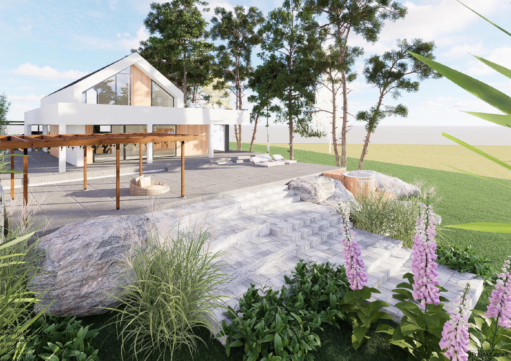 Wizualizacja nowoczesnego domu z dużymi przeszkleniami i drewnianą elewacją, otoczonego tarasem z pergolą, kamiennymi schodami i bujną roślinnością, w tym digitalis purpurea.