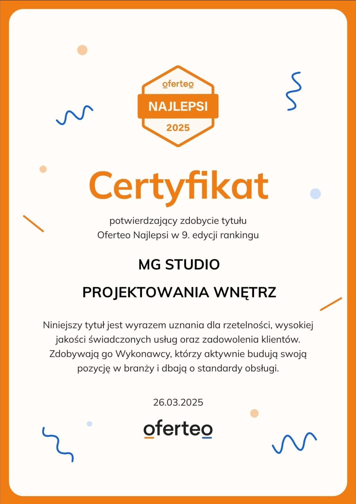 Certyfikat Oferteo Najlepsi 2025 dla MG Studio Projektowania Wnętrz, potwierdzający wysoką jakość usług i zadowolenie klientów. Uznanie dla rzetelności.