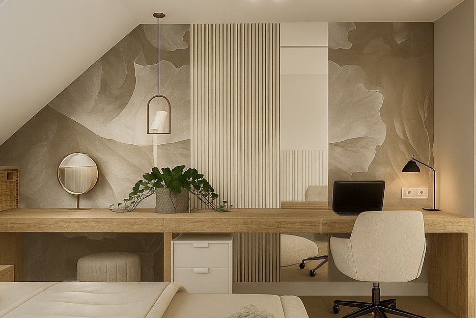 Neutralna kolorystyka domowego biura na poddaszu z drewnianym biurkiem, rośliną, lampką i krzesłem. Na ścianie dekoracyjna tapeta i pionowe panele.