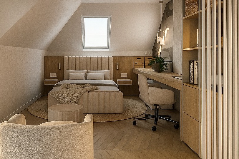 Beżowa sypialnia na poddaszu z oknem dachowym, łóżkiem z wezgłowiem, biurkiem z krzesłem i regałem z lamelami. Minimalistyczny design, ciepłe odcienie.