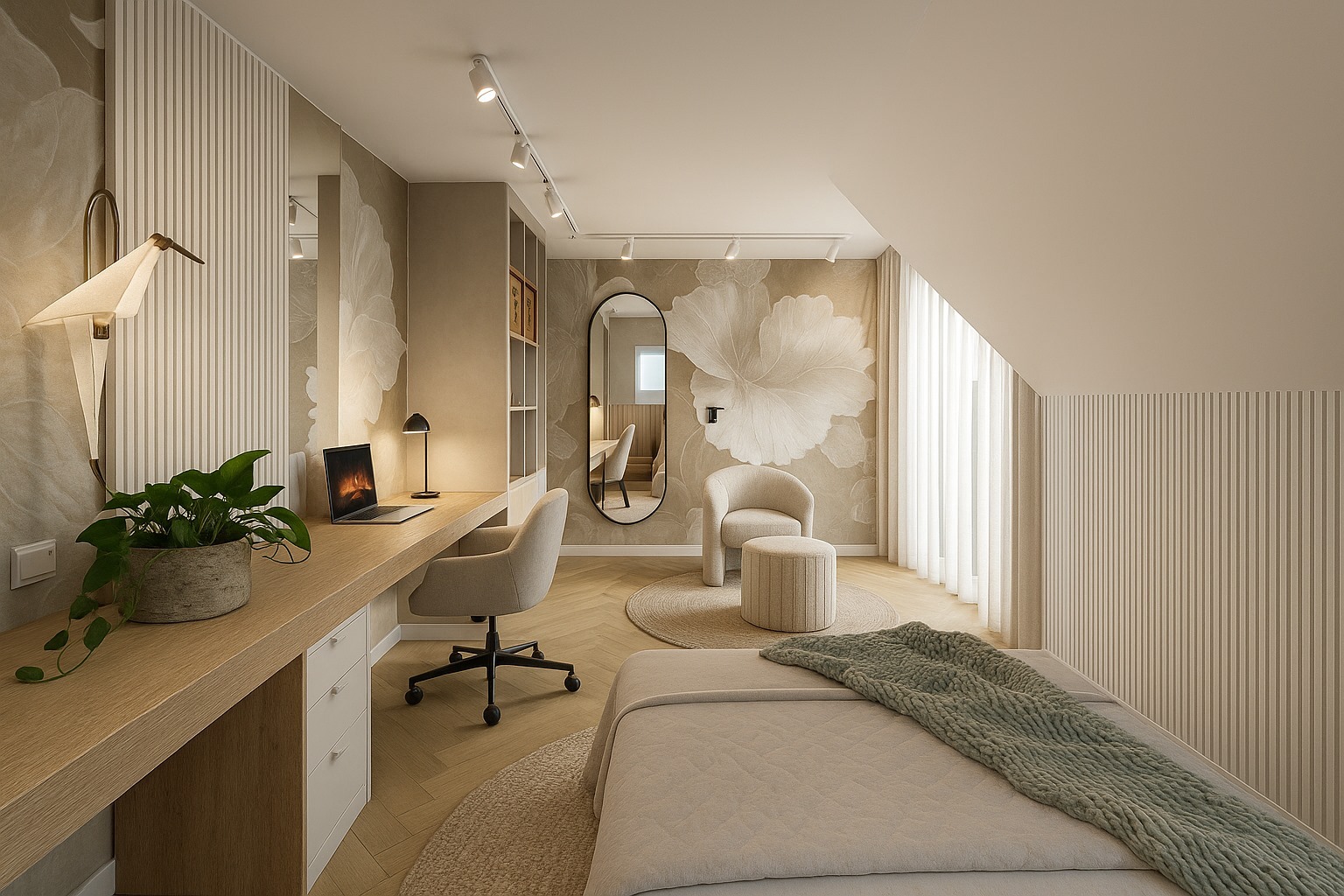 Jasny pokój na poddaszu z biurkiem, krzesłem, łóżkiem i toaletką. Ściany zdobią kwiatowe motywy i pionowe panele. Oświetlenie punktowe i naturalne światło.
