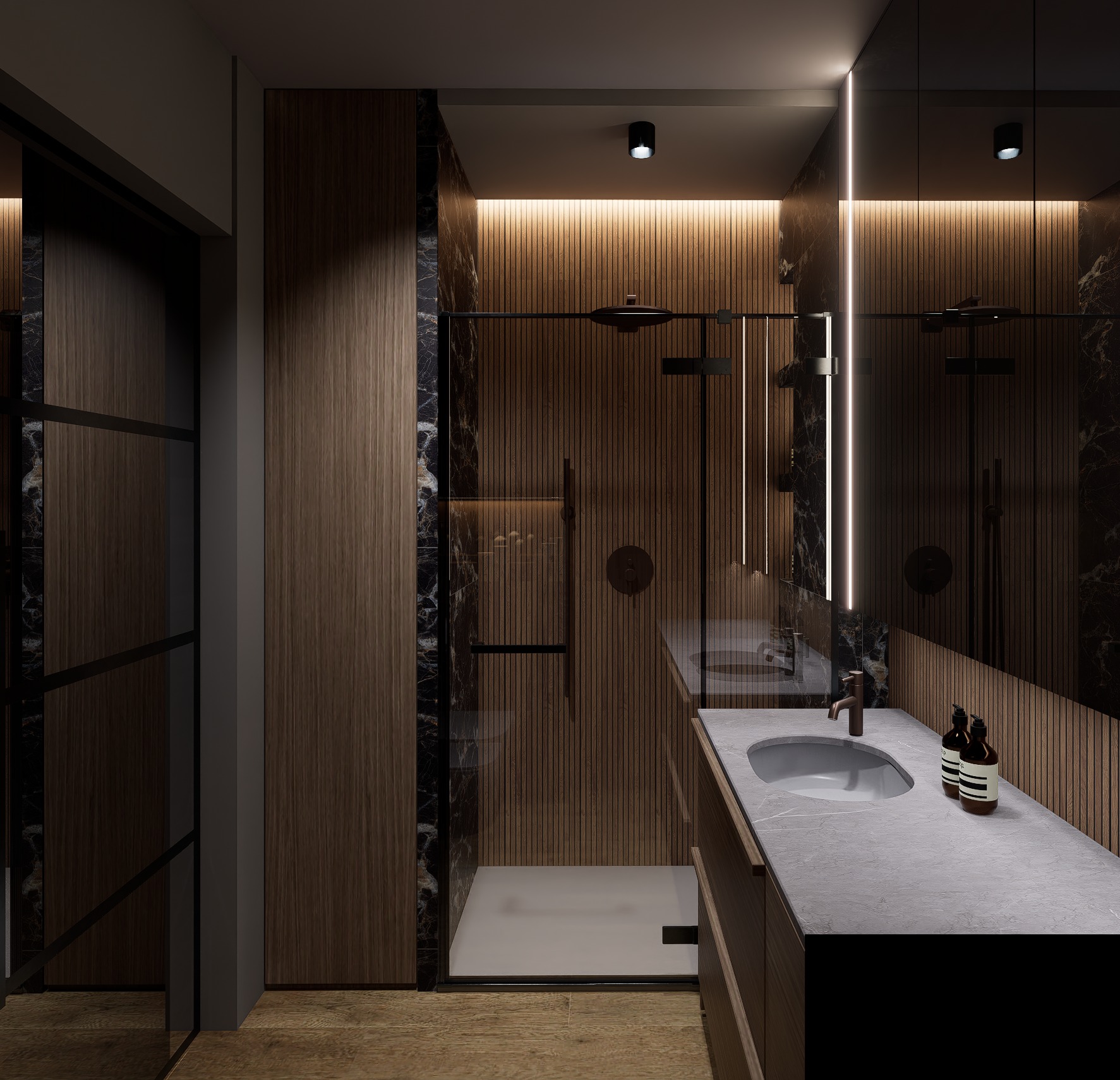 Nowoczesna łazienka z kabiną prysznicową typu walk-in, drewnianymi panelami ściennymi i marmurowymi akcentami. Umywalka nablatowa z szarą armaturą i oświetleniem LED.