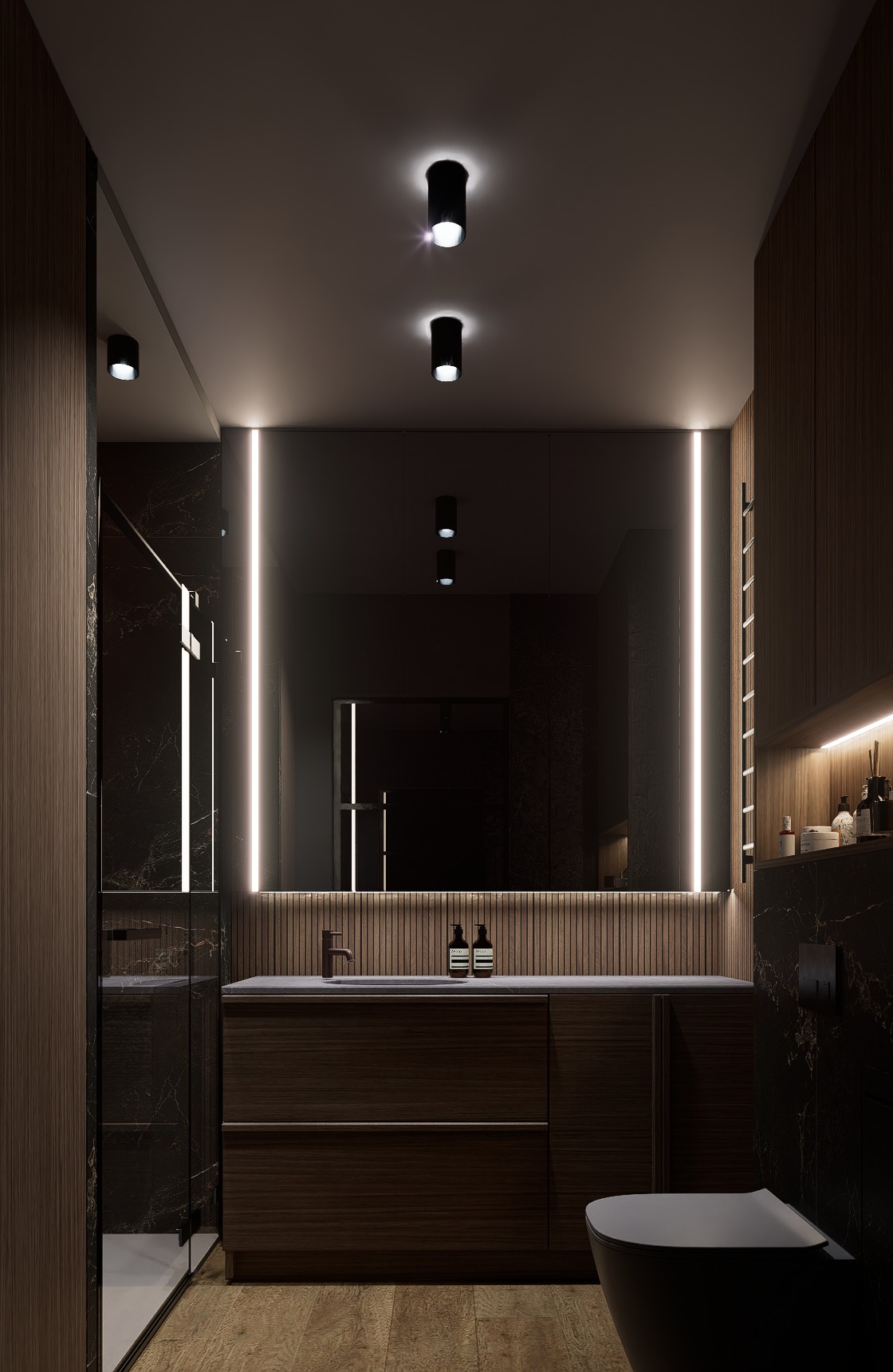 Nowoczesna łazienka z ciemnego drewna i marmuru, oświetlona ledami. Umywalka z szafką, toaleta w minimalistycznym stylu, kabina prysznicowa ze szklanymi drzwiami.