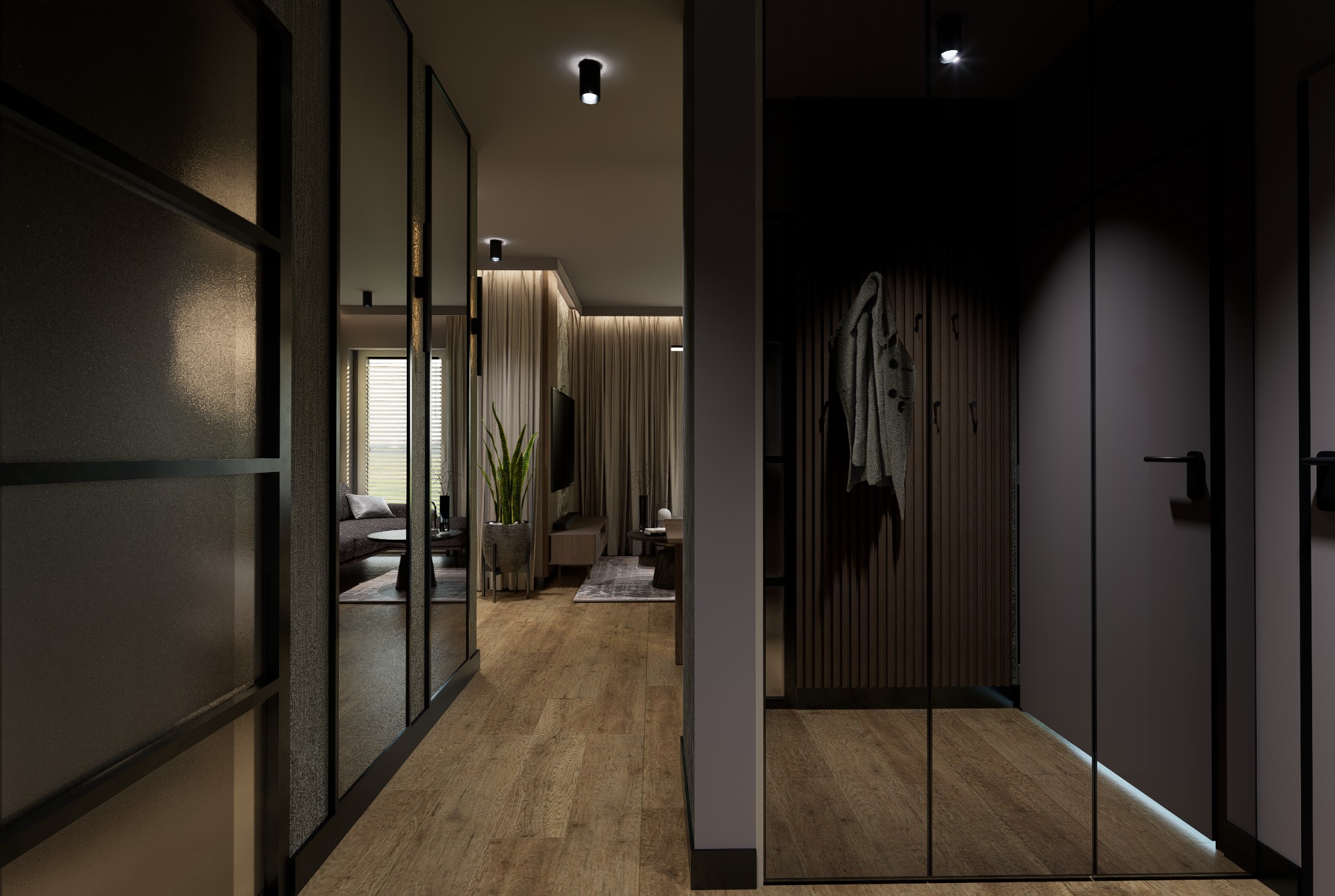 Nowoczesne wnętrze mieszkania z drewnianą podłogą, szklanymi ścianami działowymi i minimalistycznym wystrojem. Widok na salon z elementami dekoracyjnymi i oświetleniem.