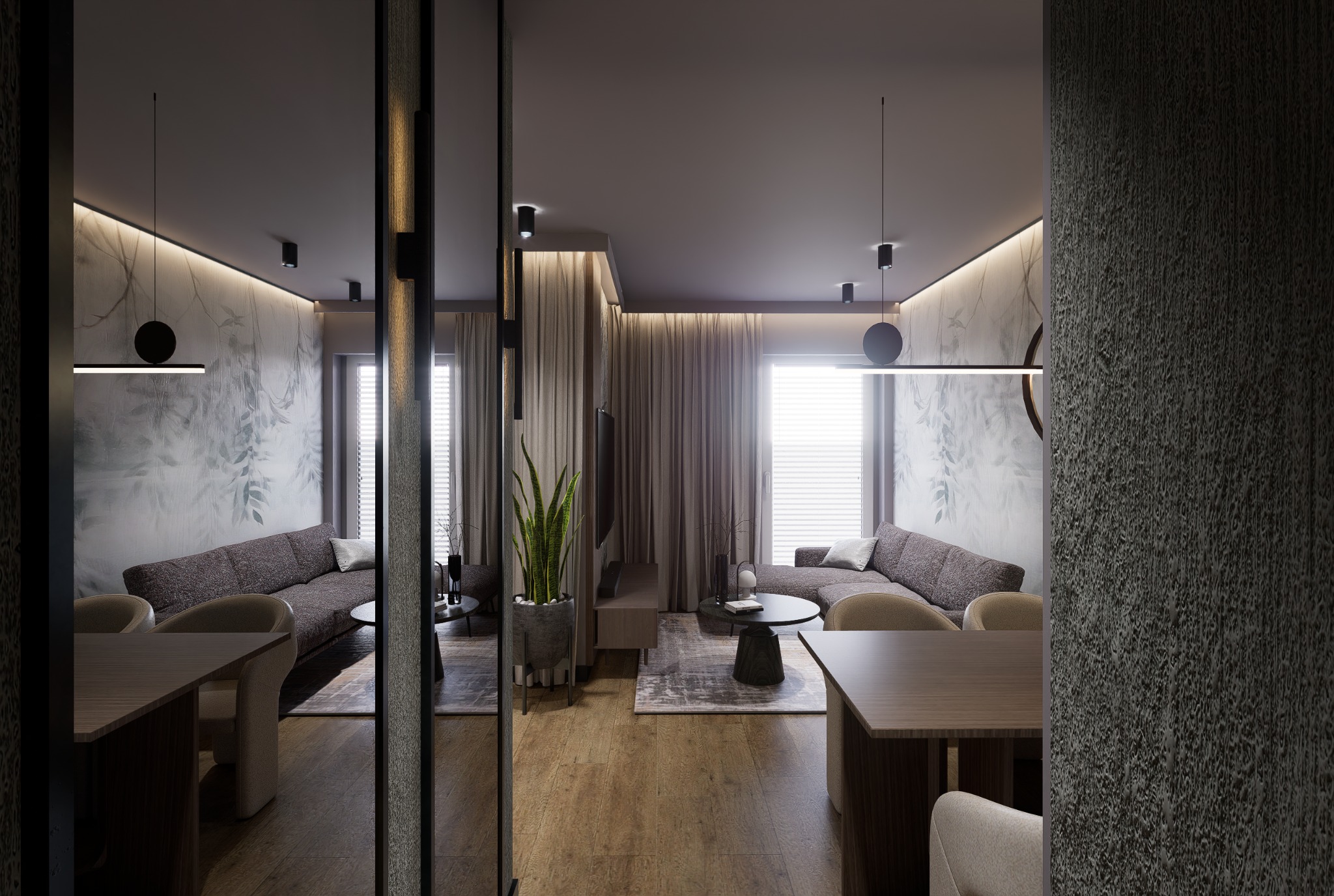 Stylowe wnętrze mieszkania z drewnianą podłogą, dwoma sofami i stołem jadalnym, oświetlone nowoczesnymi lampami wiszącymi. Ściany zdobią delikatne, roślinne motywy.