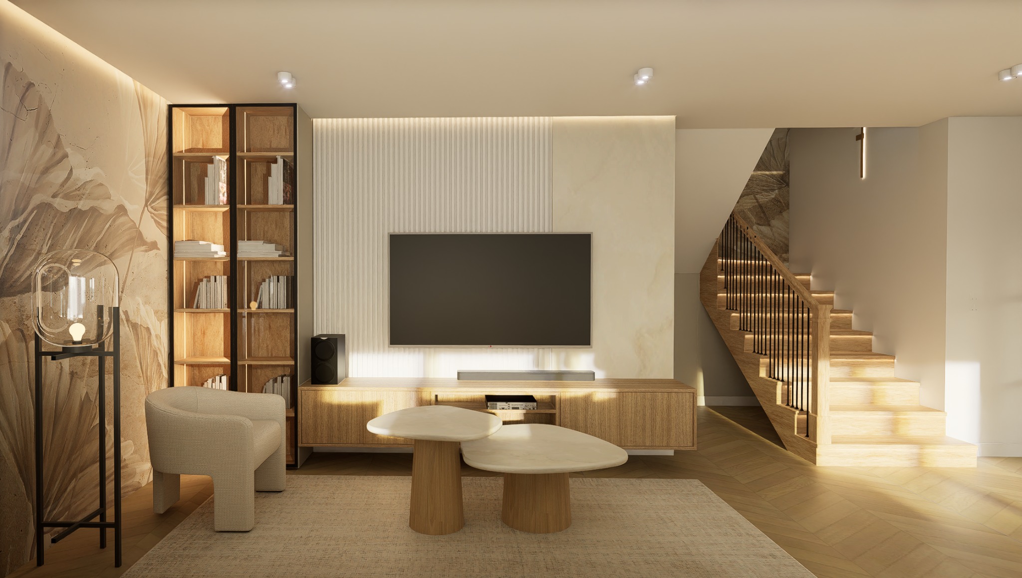 Jasne wnętrze salonu z drewnianymi schodami, regałem z książkami, telewizorem i stolikami kawowymi. Minimalistyczny design z akcentami drewna i beżu.