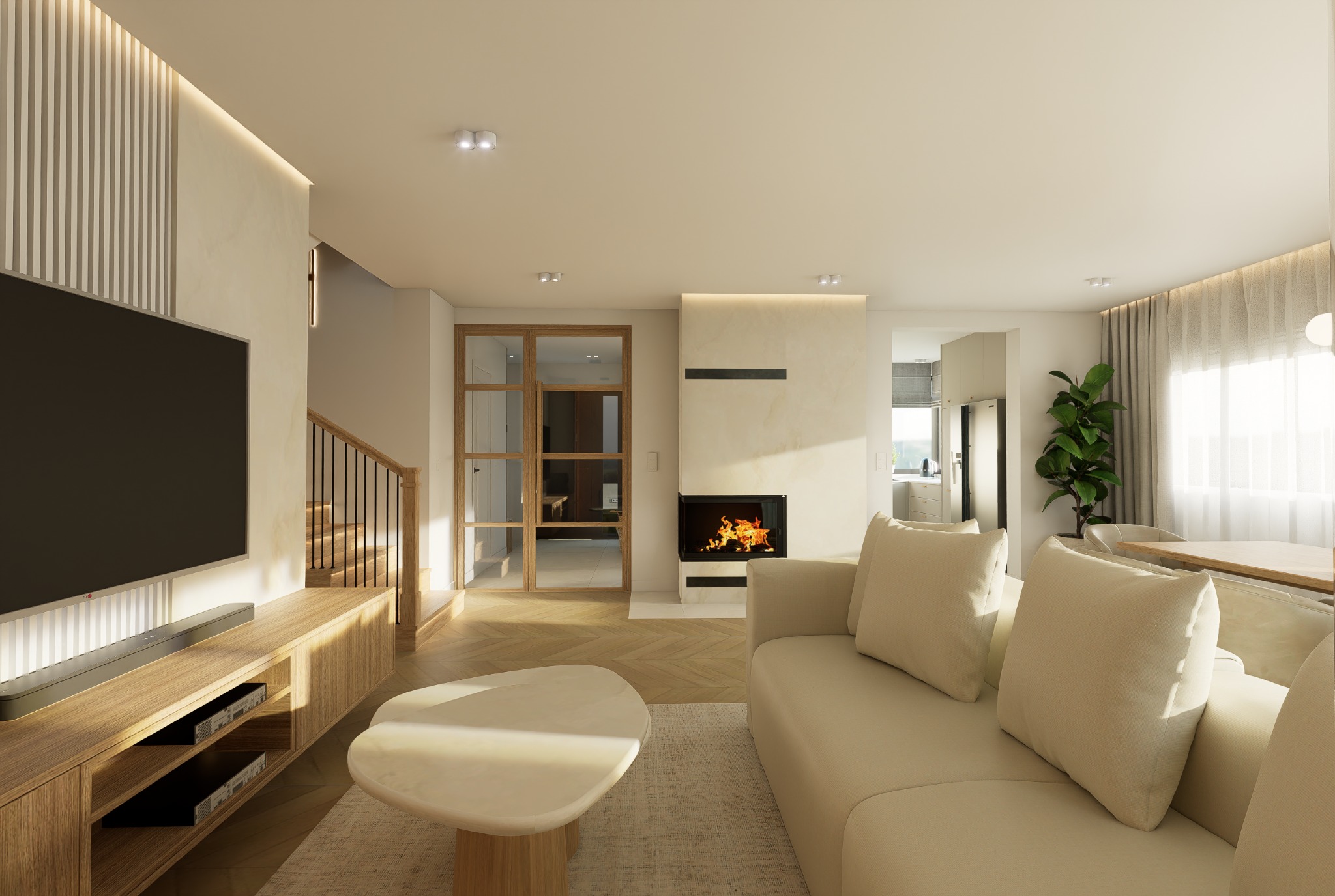Jasne wnętrze salonu z kominkiem, drewnianą podłogą i schodami. Minimalistyczny design z beżową sofą i stolikiem kawowym. Widok na kuchnię i jadalnię w tle.