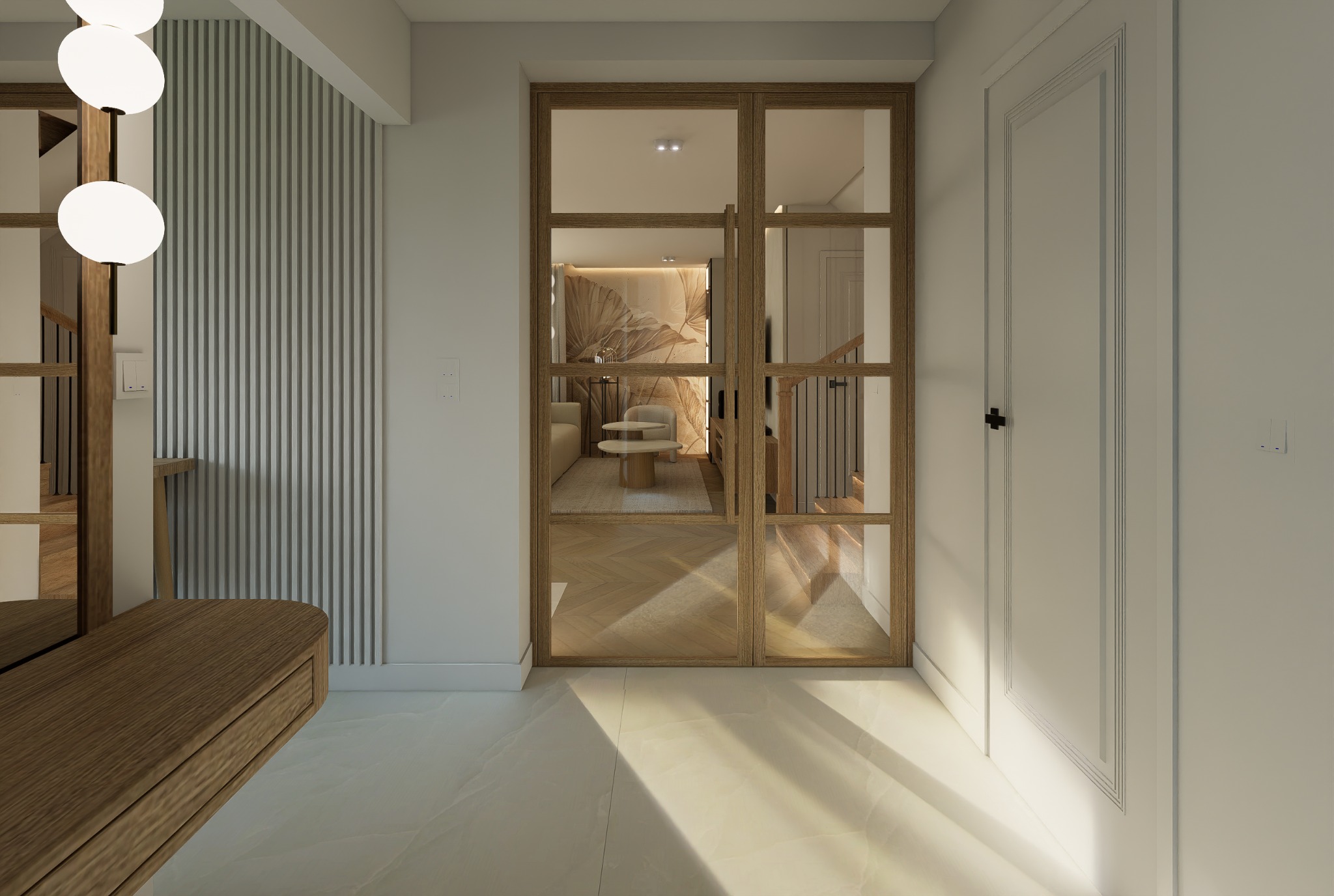 Eleganckie wnętrze: drewniana konsola z oświetleniem, przeszklone drzwi z widokiem na salon z dekoracyjną tapetą i parkietem w jodełkę. Nowoczesny design.