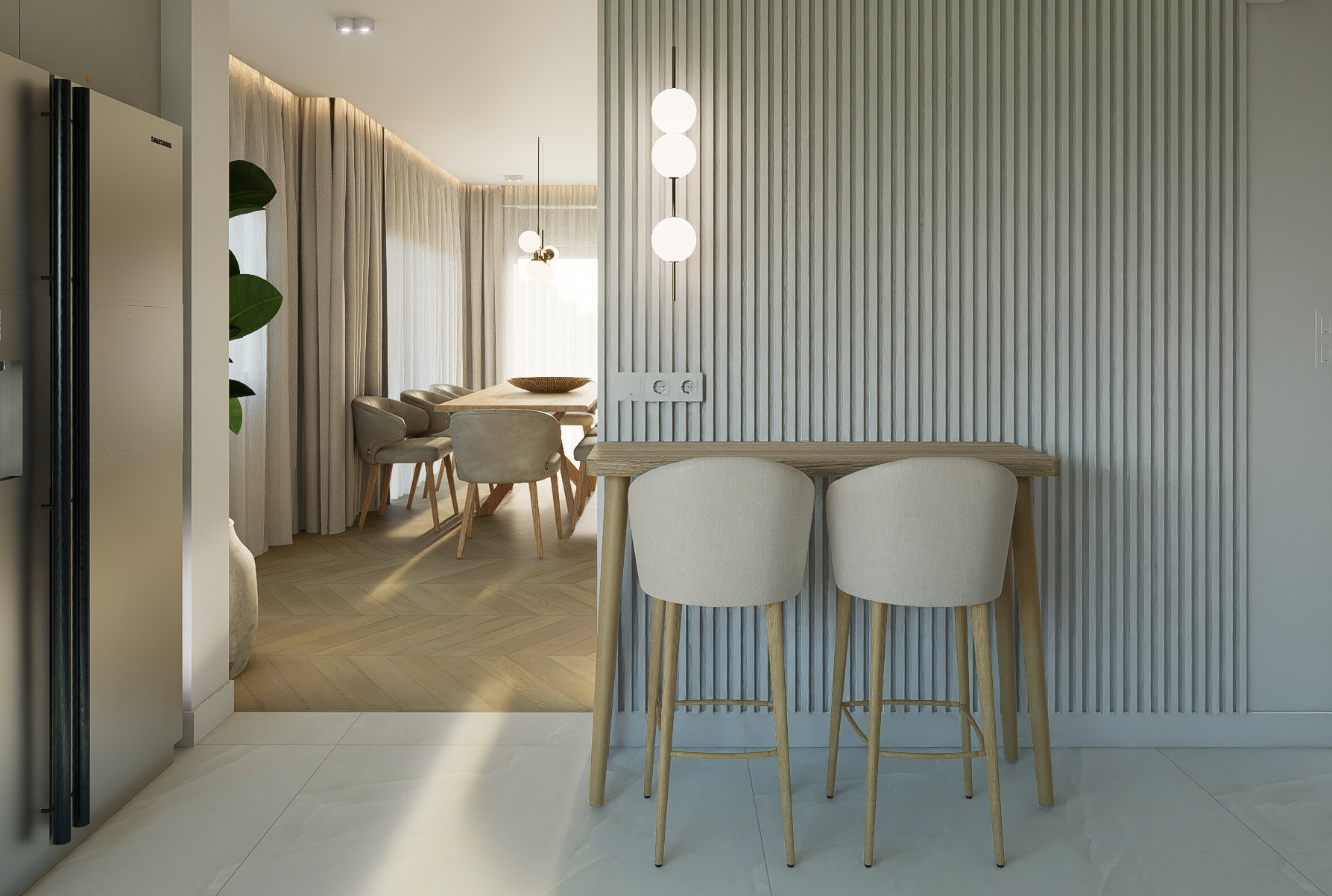 Jasne wnętrze z drewnianym stołem i krzesłami barowymi na pierwszym planie, widok na jadalnię z parkietem w jodełkę i zasłonami w tle. Minimalistyczny design.