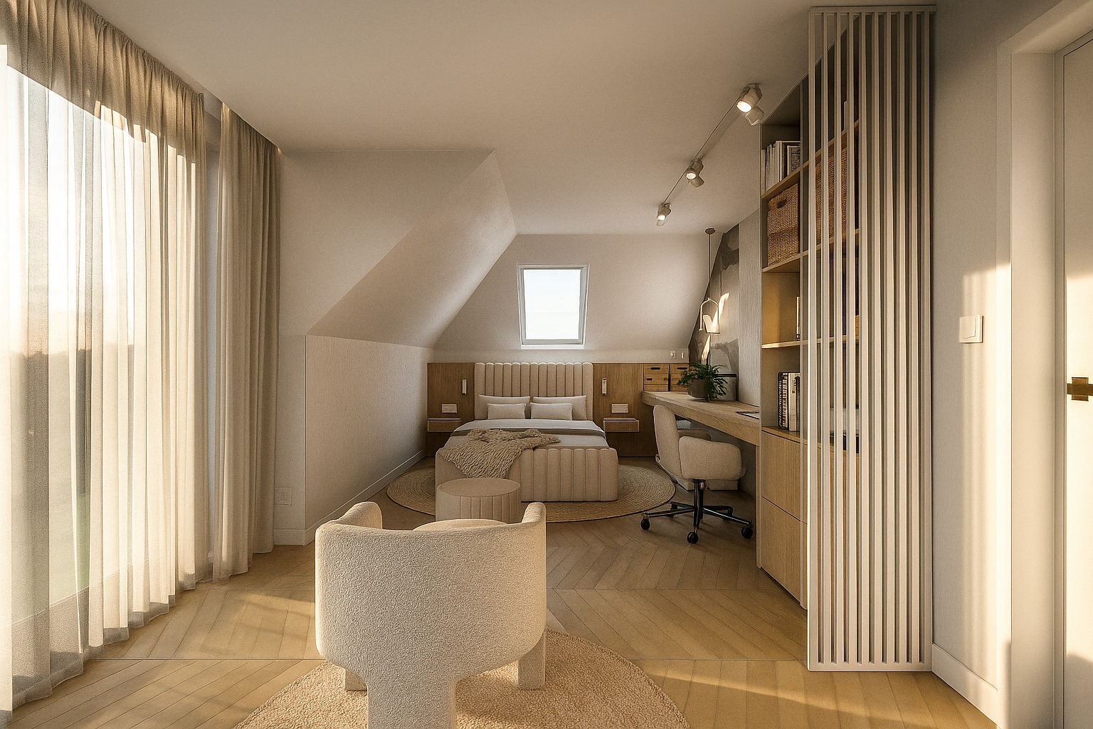 Jasna sypialnia na poddaszu z miejscem do pracy. Beżowe tekstylia, drewniana podłoga w jodełkę, dekoracyjna ścianka z pionowych listew. Stonowana kolorystyka, naturalne światło.