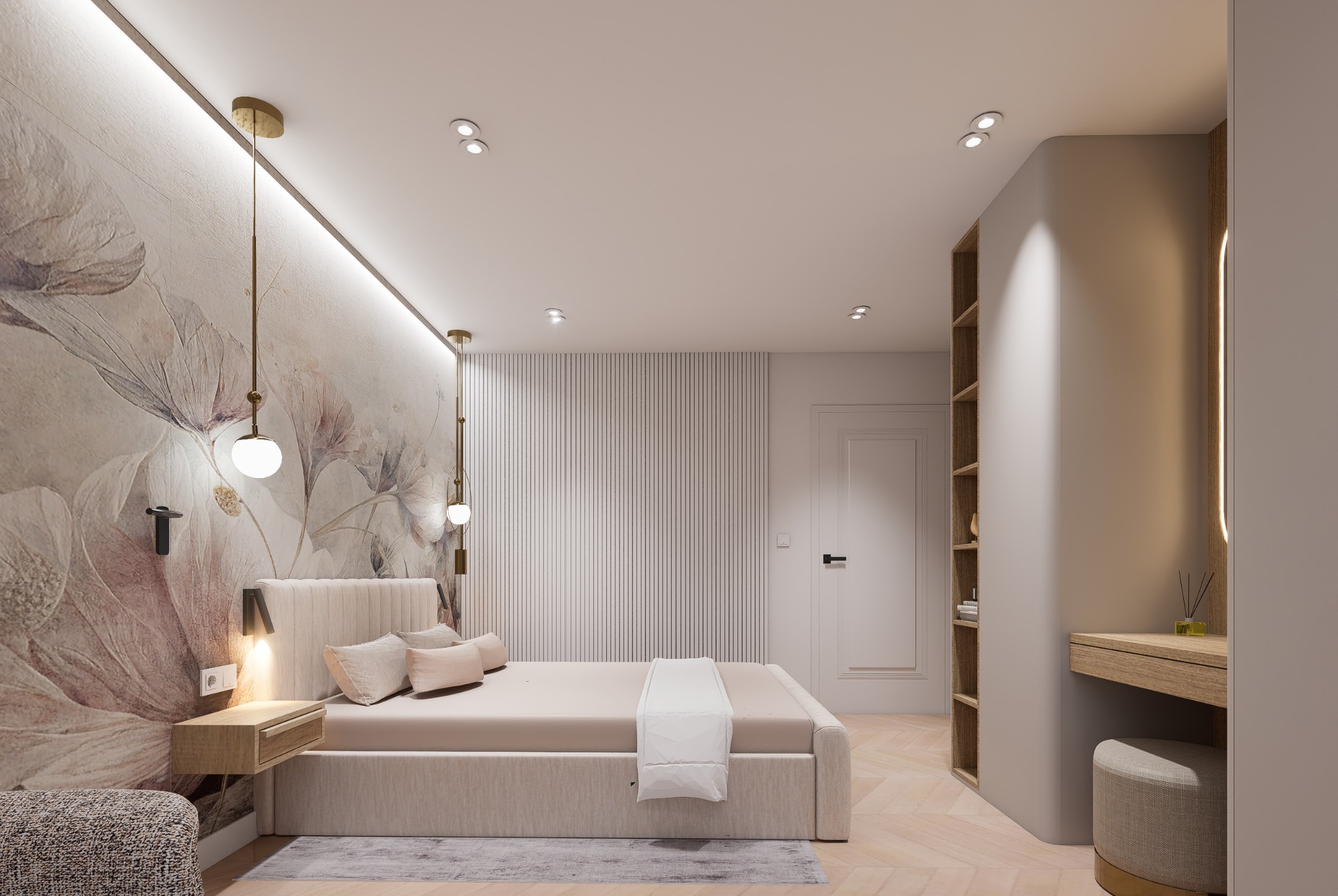 Jasna sypialnia z łóżkiem, tapetą w kwiaty i toaletką. Subtelne oświetlenie punktowe i wiszące lampy. Parkiet w jodełkę i minimalistyczny design.