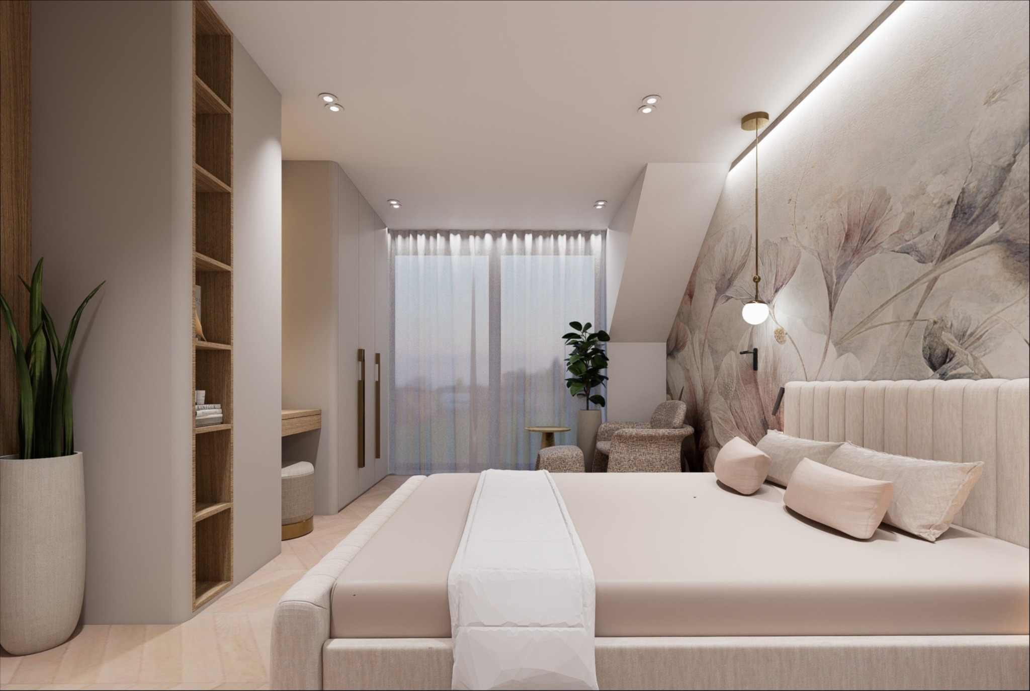 Jasna sypialnia z łóżkiem, tapetą w kwiaty i roślinami. Minimalistyczny design z drewnianymi akcentami i subtelnym oświetleniem.