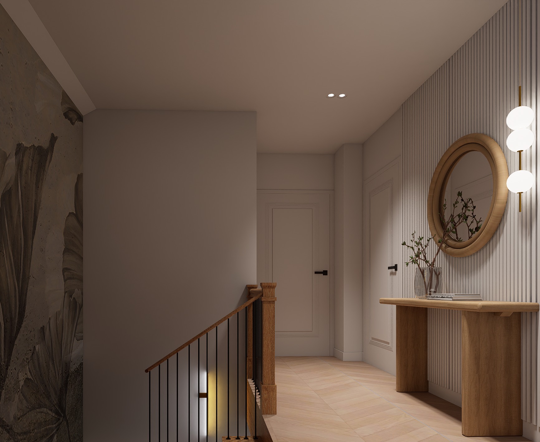 Nowoczesny hol w Starachowicach: drewniana konsola z okrągłym lustrem i lampą, wzorzysta tapeta, parkiet w jodełkę. Eleganckie wykończenie wnętrza.