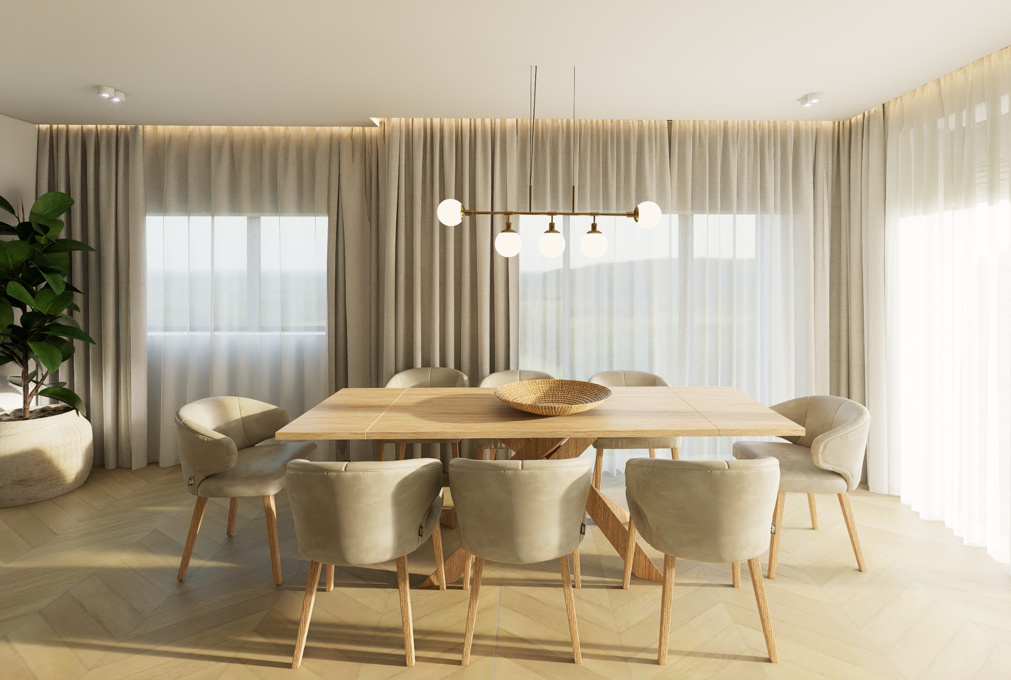 Jasna jadalnia z drewnianym stołem, beżowymi krzesłami i dekoracyjną lampą. Parkiet w jodełkę, zasłony w oknach i roślina doniczkowa dodają przytulności.