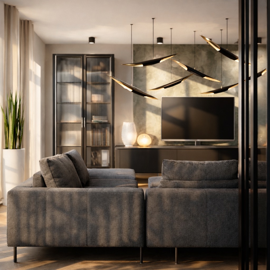 Nowoczesny salon z szarą sofą modułową, designerskimi lampami i przeszkloną witryną. Minimalistyczne wnętrze z akcentami światła i cienia.