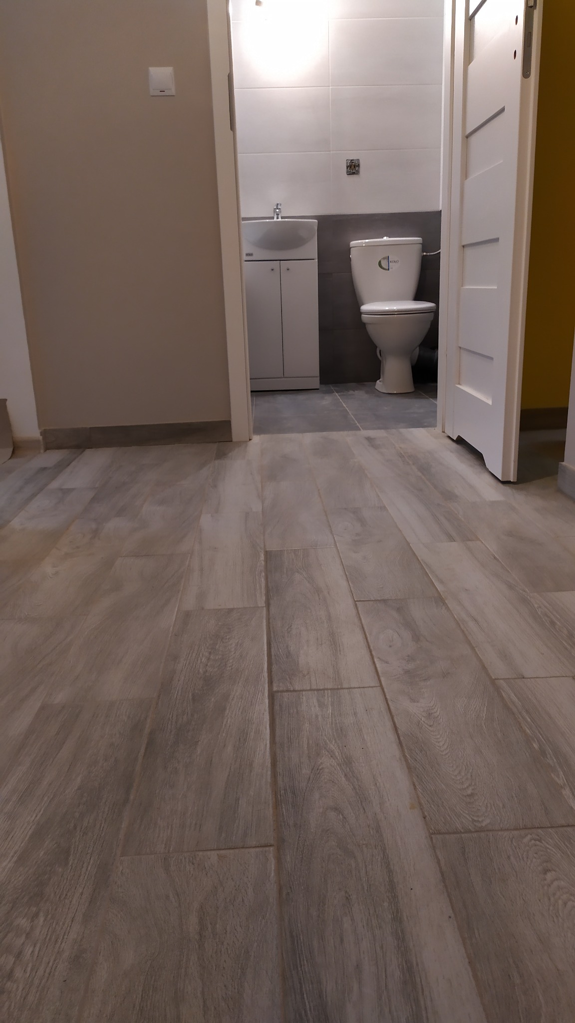 Nowoczesna łazienka z płytkami podłogowymi imitującymi drewno, widok z niskiej perspektywy na podłogę, w tle biała toaleta i umywalka z szafką.