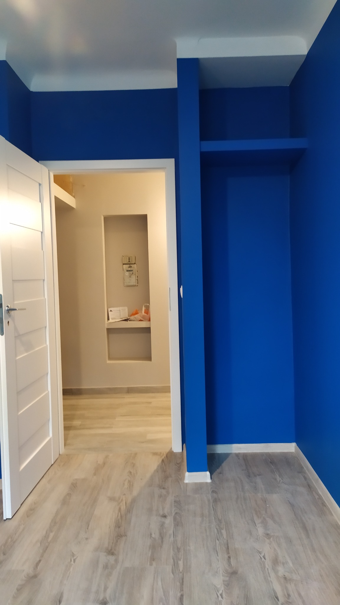 Pomalowany na intensywny niebieski pokój z otwartymi białymi drzwiami i panelami podłogowymi w odcieniach szarości, widoczna wnęka z półką w sąsiednim pomieszczeniu.
