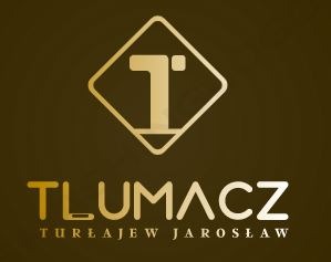 Złote logo z literą 'T' w rombie, poniżej napis 'TŁUMACZ' oraz nazwisko 'TURŁAJEW JAROSŁAW' na ciemnobrązowym tle.