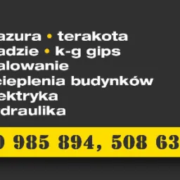 Grafika reklamowa z wyliczeniem usług budowlanych: glazura, terakota, gładzie, płyta karton gips, malowanie, ocieplenia budynków, elektryka, hydraulika oraz numerami telefonów kontaktowych.