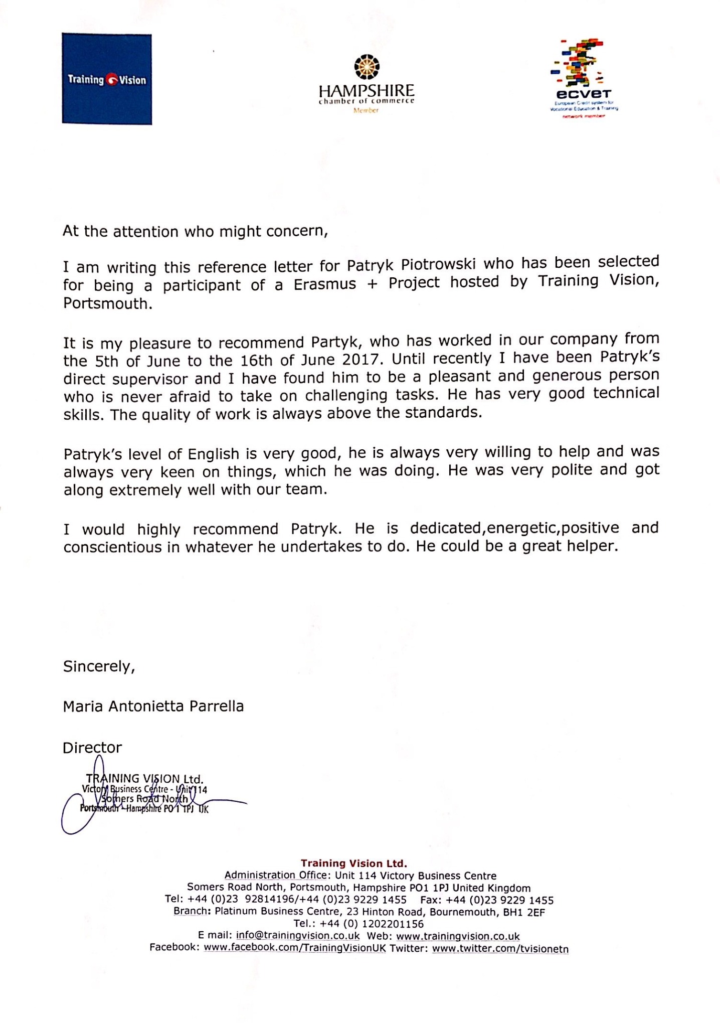 Referencje dla Patryka Piotrowskiego od Training Vision Ltd., list polecający z pieczątkami i logo organizacji Hampshire Chamber of Commerce oraz ECVET.