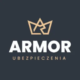Logo firmy ubezpieczeniowej Armor z abstrakcyjną koroną w kolorze złotym nad nazwą firmy w kolorze białym, na ciemnoszarym tle.