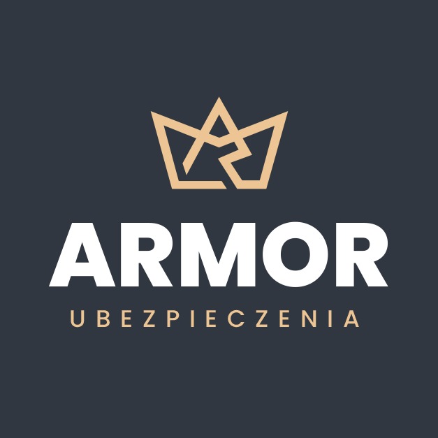 Logo firmy ubezpieczeniowej Armor z abstrakcyjną koroną w kolorze złotym nad nazwą firmy w kolorze białym, na ciemnoszarym tle.