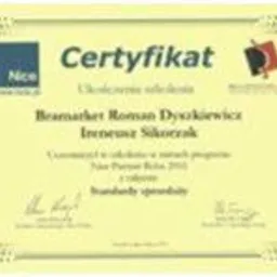 Certyfikat ukończenia szkolenia Nice dla Beammaster Roman Dyszkiewicz i Ireneusz Sikorzak, potwierdzający standardy sprawdzone w 2012 roku.