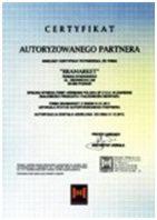Certyfikat autoryzowanego partnera firmy KRABAWIET na tle gradientu niebieskiego, podkreślający profesjonalizm i wiarygodność usługodawcy.