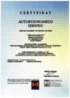 Certyfikat autoryzowanego serwisu 'BRANAREX' na tle gradientu niebieskiego, potwierdzający kompetencje w zakresie montażu i serwisu.