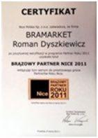 Certyfikat dla BRAMARKET Roman Dyszkiewicz - Brązowy Partner Nice 2011 za profesjonalizm w programie Partner Nice 2011.