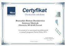 Certyfikat ukończenia szkolenia Nice dla Bramarket Roman Dyszkiewicz, potwierdzający udział w programie Partner Roku 2015.
