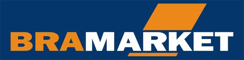 Logo BRAMARKET na granatowym tle z pomarańczowymi akcentami, w tym ukośny prostokąt i linia pod napisem. Nazwa firmy zapisana dużymi, pogrubionymi literami.