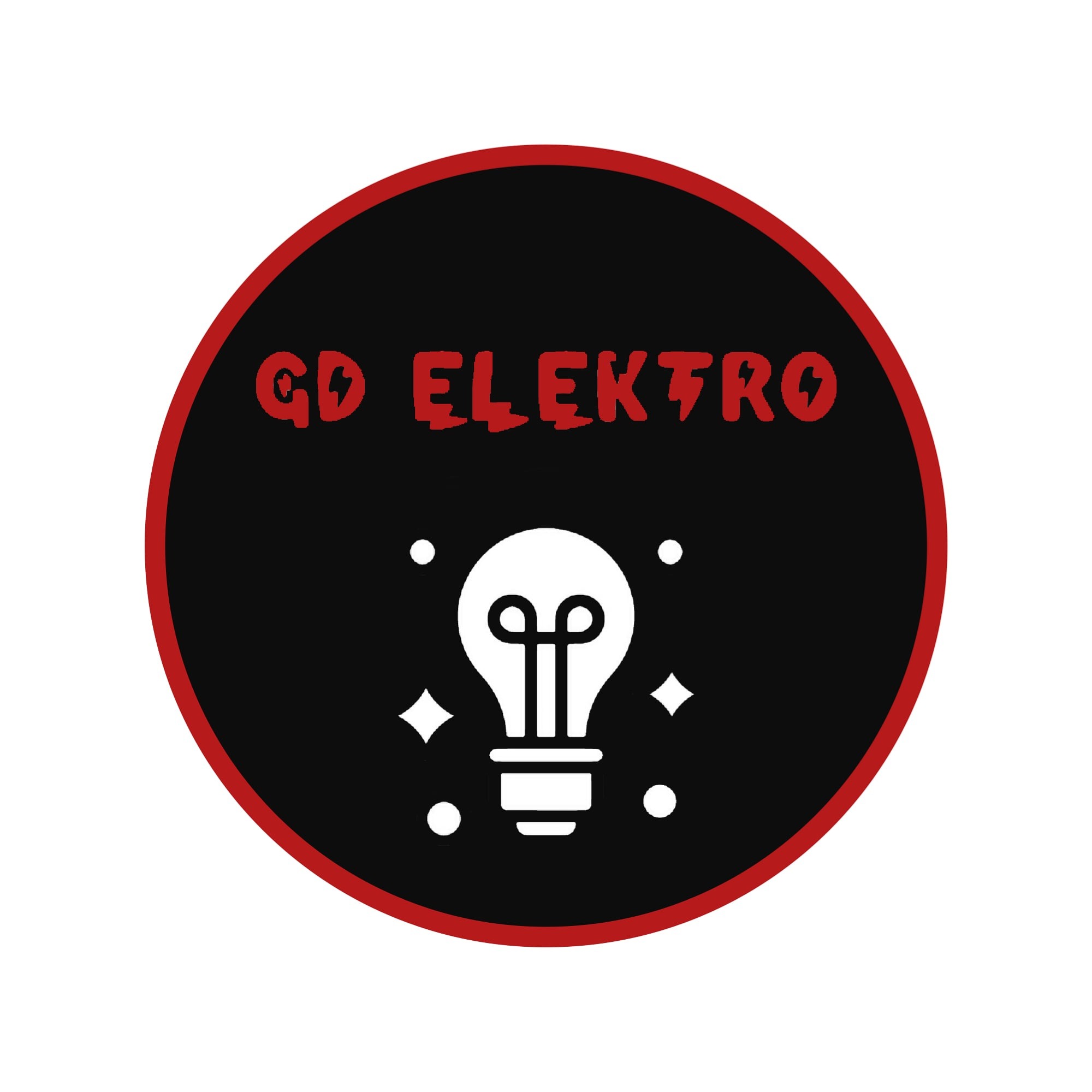 Okrągłe logo firmy 'GD Elektro' na czarnym tle z czerwoną obwódką, przedstawiające białą żarówkę z błyskami.