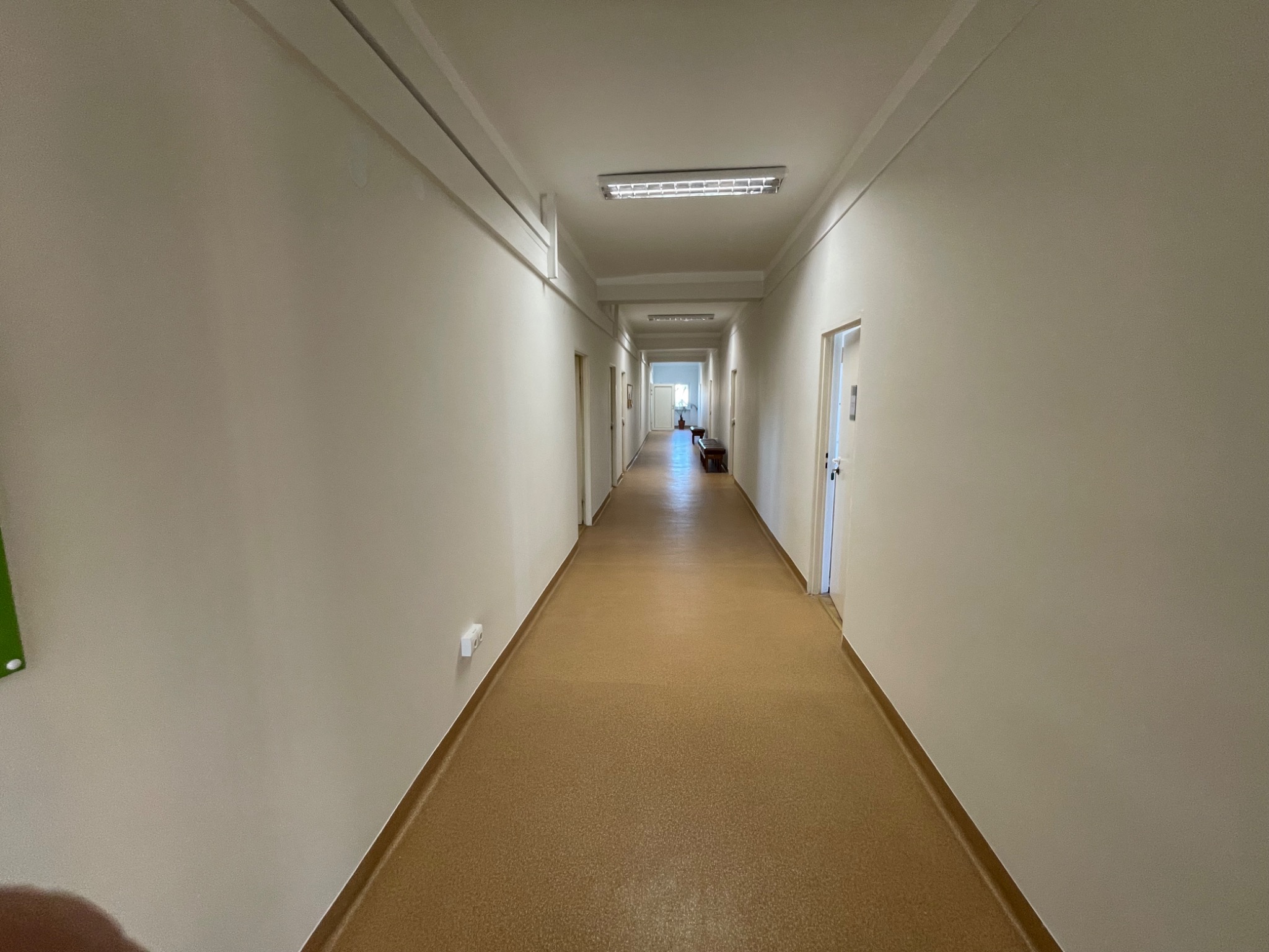 Długi, jasny korytarz z beżowymi ścianami i podłogą z wykładziny. Widoczne drzwi po obu stronach i świetlówki na suficie. Perspektywa zbieżna, na końcu korytarza światło dzienne.