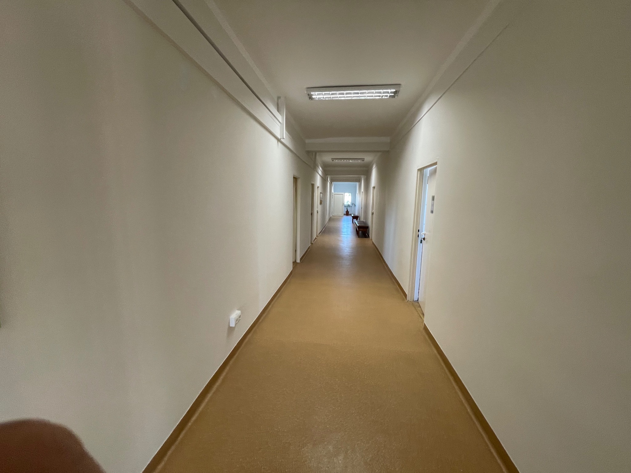 Długi korytarz z beżowymi ścianami i brązową podłogą. Białe drzwi po obu stronach. Oświetlenie sufitowe wzdłuż korytarza. Perspektywa zbieżna w oddali.