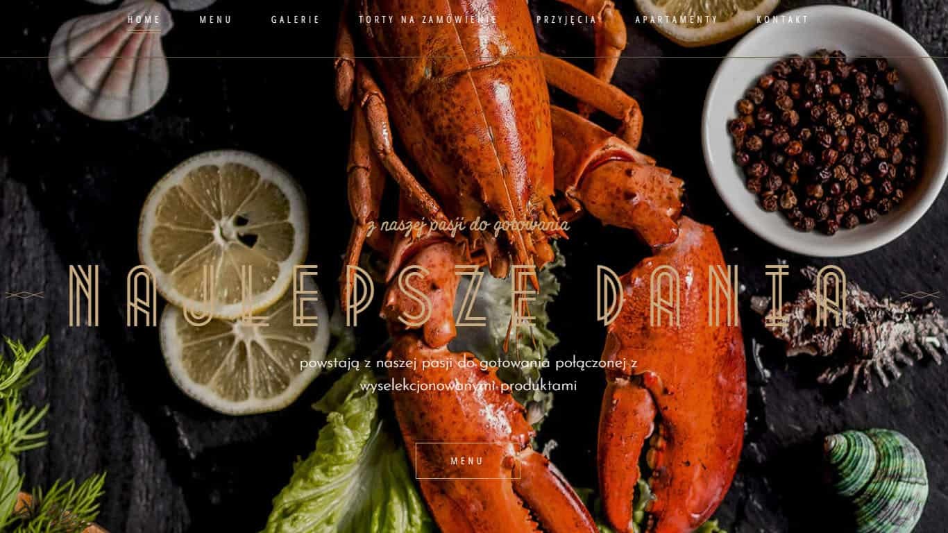 Witryna internetowa restauracji Weranda z homarem, cytryną, ziarnami pieprzu i muszlami na ciemnym tle, z napisem 'Najlepsze Dania'.