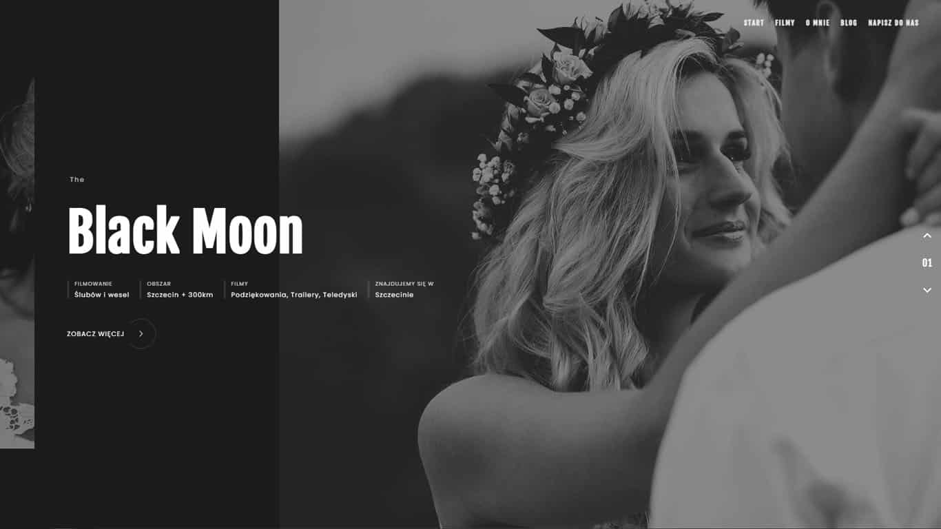 Strona internetowa firmy The Black Moon videofilmowanie, prezentująca parę młodą w czarno-białej tonacji, z menu nawigacyjnym u góry i informacjami o filmowaniu ślubów w Szczecinie.