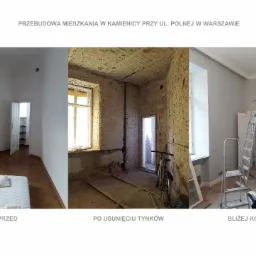 Przed i po remoncie mieszkania w kamienicy: widok przed remontem z materacem na podłodze, stan po usunięciu tynków z odsłoniętą cegłą i rowerem w rogu, oraz stan po remoncie z pomalowanymi ścianami...