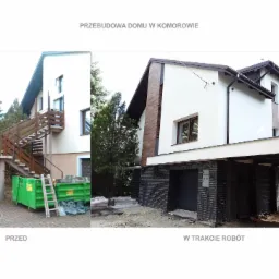 Dwuczęściowe zdjęcie: po lewej dom przed przebudową z zielonym kontenerem i schodami zewnętrznymi, po prawej dom w trakcie przebudowy z garażem wykończonym czarną cegłą i drewnianą elewacją.