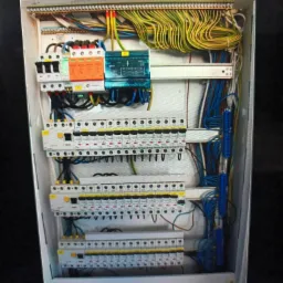 Rozdzielnica elektryczna z zainstalowanymi bezpiecznikami, przewodami i listwami zaciskowymi, widoczne oznaczenia ostrzegawcze na obudowie.