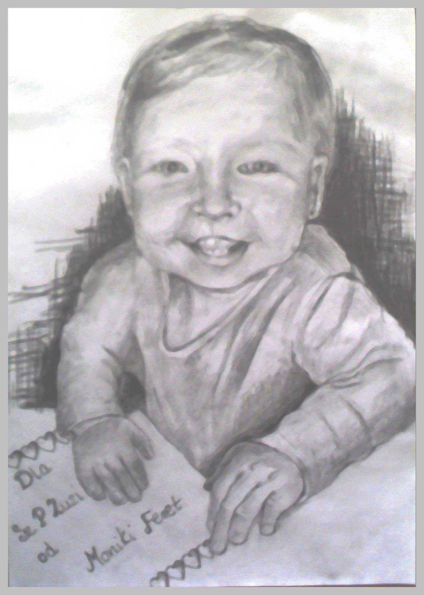 Portret uśmiechniętego dziecka wykonany w technice ołówkowej, z dedykacją 'Dla... od Moniki Feret' widoczną w dolnej części.