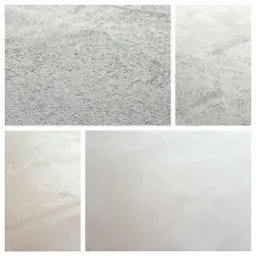 Kompozycja czterech zbliżeń na szare, teksturowane powierzchnie. Górny lewy kadr ukazuje szorstką fakturę z delikatnymi złotymi refleksami. Górny prawy kadr prezentuje bardziej jednolitą, szarą...