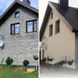Porównanie stanu domu przed i po ociepleniu elewacji, widoczne zmiany w strukturze i kolorze ścian, okna z dekoracjami, antena satelitarna.