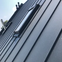 Szary dach z blachy trapezowej z oknami dachowymi i kominkami wentylacyjnymi, widok pod kątem z dołu, fragment nieba w tle.